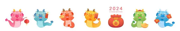 Cute Chinese Dragon Characters Mascots Cartoon Characters Playful Cute Vector — Stock Vector