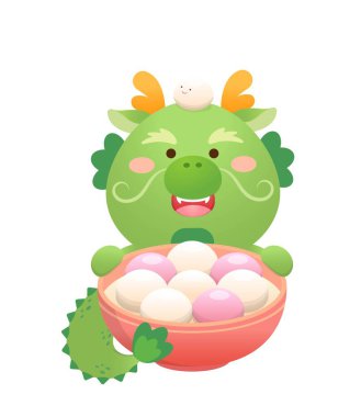 Şirin ejderha karakteri veya maskotu, glutinous rice dumpling with glutinous rice balls for Lantern Festival or Winter Solstice, Asian sticky rice sweet food, vektör çizgi film tarzı