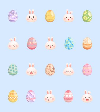 Değişik ifadeleri olan tavşan portreleri olan renkli Paskalya yumurtaları seti, sevimli ve oyuncu, vektör illüstrasyon simgeleri