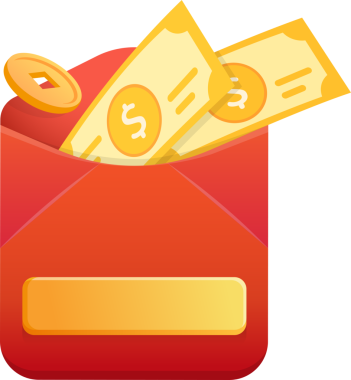 Üzerinde para ve altın paralar olan kırmızı zarf, Çin Yeni Yılı için şablon, ticari reklam illüstrasyonu