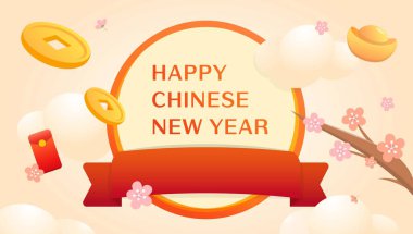 Çin Yeni Yıl reklamı için bahar eriği çiçekleri ve kırmızı yuvarlak çerçeve şablonu