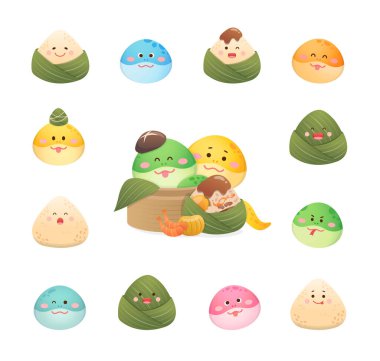 Ejderha Teknesi Festivali için yılan ve glutinous pirinç maskotları, çeşitli şakacı ifadeli bir avatarlar koleksiyonu.