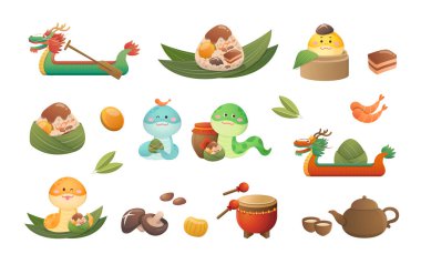 Ejderha Botu Festivali elementleri, tekne yarışı, lezzetli yapışkan pirinç, şakacı yılan maskotu.