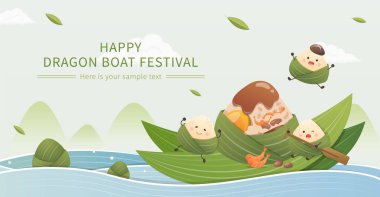 Yatay Ejderha Teknesi Festivali reklam afişi, sevimli Zongzi maskotu ve tekne yarışı.