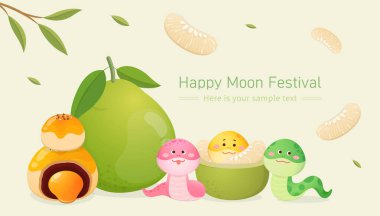 Pomelo ve posa, ay pastası ve yumurta sarısı, lezzetli geleneksel Çin tatlıları, vektör illüstrasyon posteri.