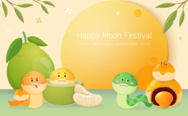 Çin festivali posteri, yılan, pomelo ve ay, mutlu sonbahar festivalleri.