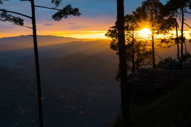 Himalaya sıradağları, Almora, Ranikhet, Uttarakhand, Hindistan 'daki çam ormanlarının ve günbatımının güzel manzarası. Kasardevi bölgesinde Almora şehrinde renkli gün batımı.