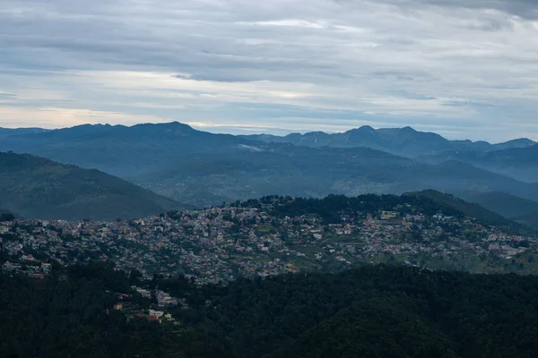Hermosa Vista Panorámica Del Bosque Pinos Brumosos Puesta Sol Cordillera —  Fotos de Stock
