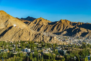 Leh şehri Leh Ladakh, Hint Himalayaları 'nda 3500 metre yükseklikte yer almaktadır. Leh Sarayı 'ndan görüntülendi