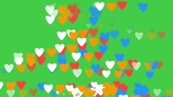 Chovendo Corações Vermelhos Confete Fundo Verde Coração Colorido Com Efeito — Vídeo de Stock