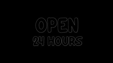 Neon etkisi metni 24-24 saat aralıksız yanıp sönen ışık efektiyle açık, dükkan, kafe ve restoran şu anda açık.