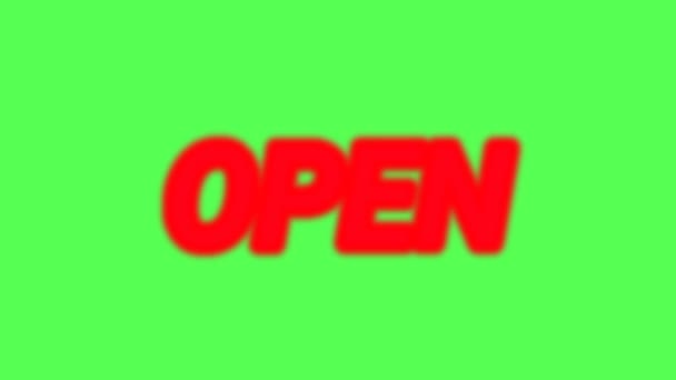 Неоновий Відкритий Знак Анімації Зеленому Фоні Червоний Неоновий Відкритий Знак — стокове відео