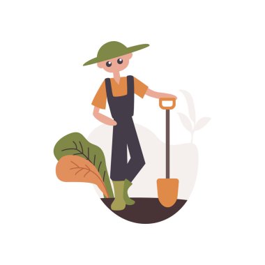 Erkek bahçıvan, iş kıyafetleri ve şapkasıyla kürekle ayakta duruyor.