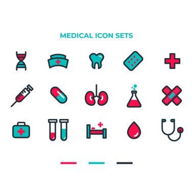Tıbbi simge seti ve sembol vektörü beyaz üzerine izole edildi.