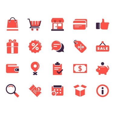 Kırmızı renkli e-ticaret için internet alışveriş simgesi seti