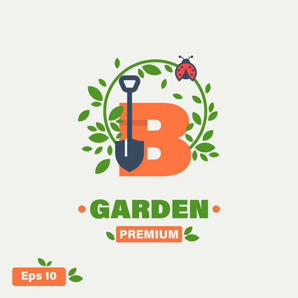 Gardening logo design template. Letter B with shovel and laurel wreath