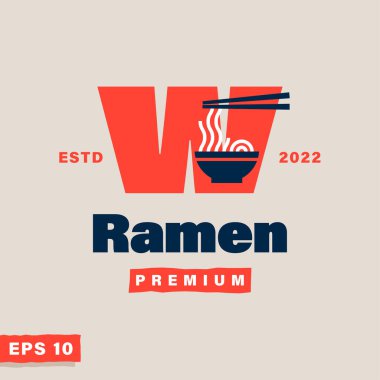 Ramen noodle logo with letter W. Japanese food vector illustration.