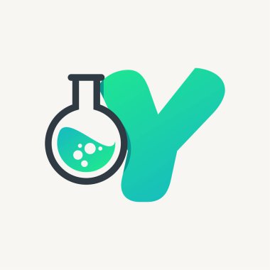Letter Y logo with laboratory glassware icon. Chemistry, biology, medicine symbol. Vector illustration