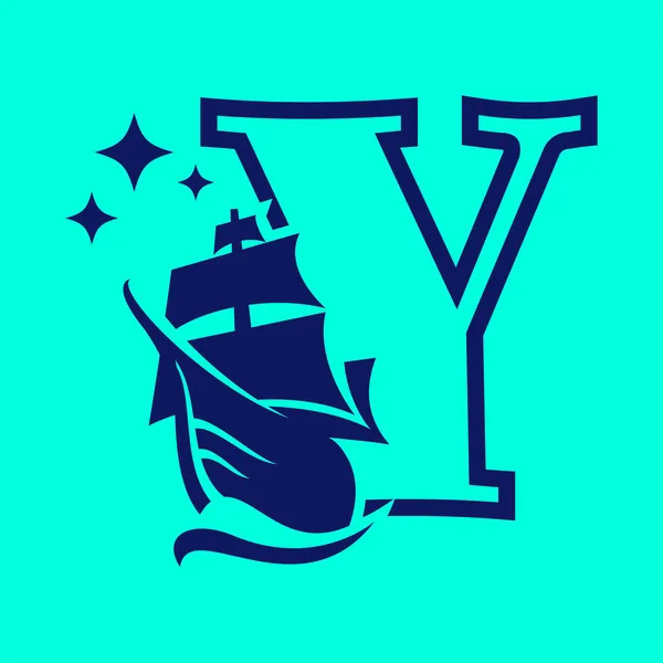 Letter Y with Ship icon. Vector illustration. Isolated on blue background.