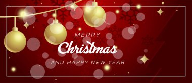 Mutlu Noeller Kırmızı Parlak Facebook Kapak Başlığı. Parlak kar taneleri olan altın top, altın kurdelelerde sallanan toplar, kırmızı bir arka planda parıltı. Vektör illüstrasyonu
