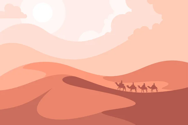 Kamelkarawane Bei Sonnenuntergang Durch Die Sahara Wüste Nahen Osten — Stockvektor