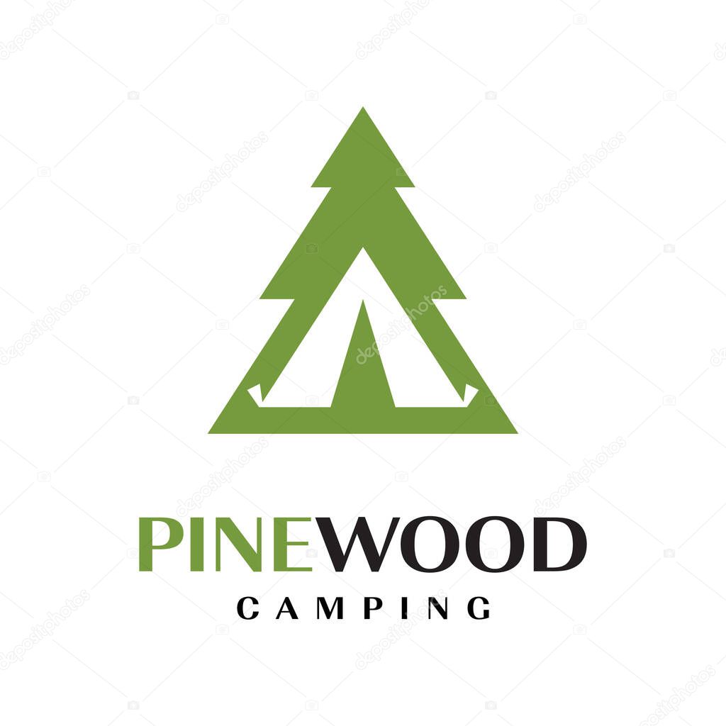 Forest camping logo emblem vector illustration outdoor adventure leisure pine trees silhouettes