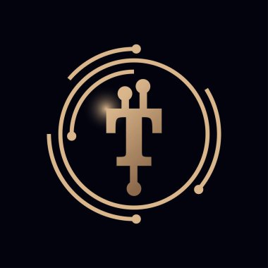 T harfi logo tasarım şablonu. Teknoloji dijital logosu. Çizgiler, çizgiler, çipler, konsept. ağ simgesi, vektör illüstrasyonu