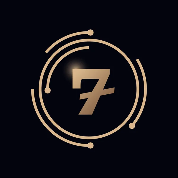 7 numaralı logo tasarım şablonu. Teknoloji dijital logosu. Çizgiler, çizgiler, çipler, konsept. ağ simgesi, vektör illüstrasyonu