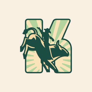 Rodeo harfi K logo tasarımı, kovboy boğaya biniyor..