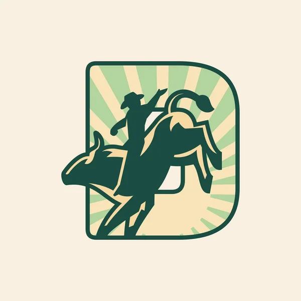 Diseño Del Logotipo Letra Rodeo Con Vaquero Montando Toro — Vector de stock