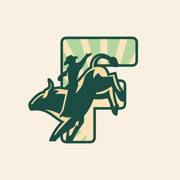 Diseño Del Logotipo Letra Rodeo Con Vaquero Montando Toro — Vector de stock