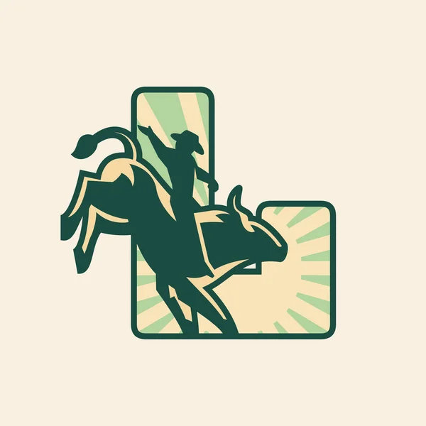 Rodeo Letra Logotipo Design Com Cowboy Montando Touro — Vetor de Stock
