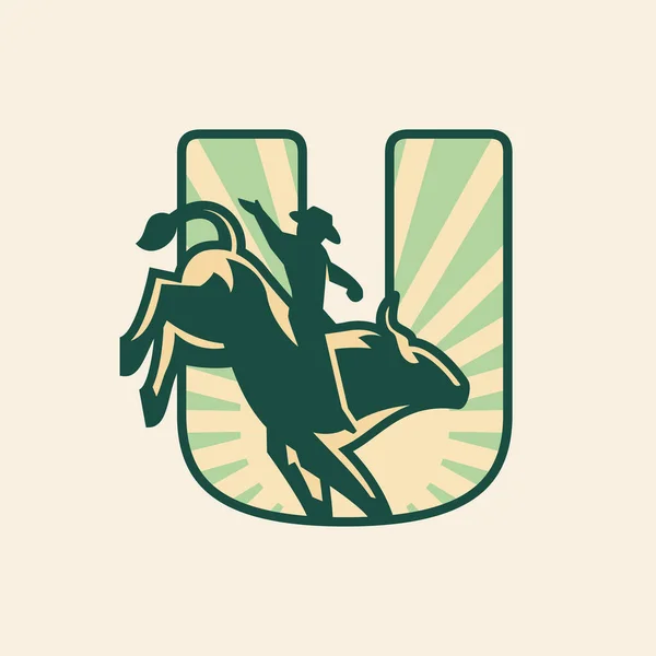 Letra Rodeo Logo Design Con Vaquero Montando Toro — Vector de stock