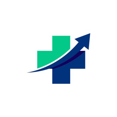 Sağlık Hizmetleri Logosu Tasarım Elemanı. Tıbbi haç, ok yukarı simgesi. Vektör illüstrasyonu