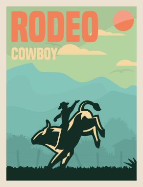 Kovboyun boğaya bindiği rodeo posteri. Vektör illüstrasyonu.