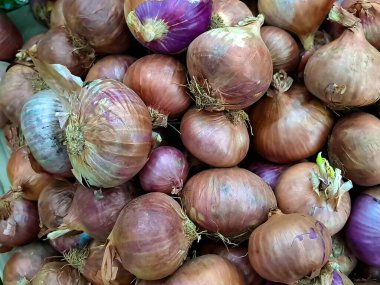 Soğanlar meyve ve sebze tezgahlarında, soğanlar düzgünce masada bulunur.