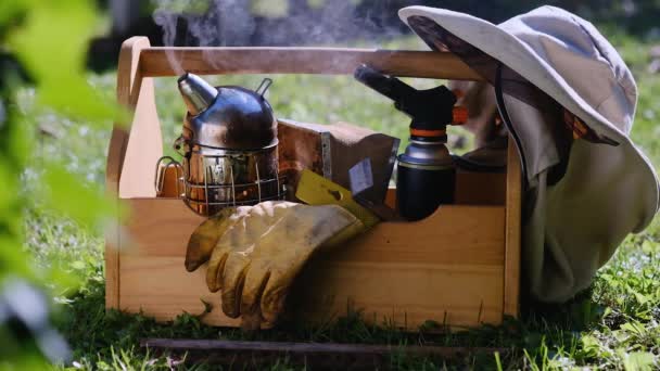 農業とハチミツ作り 小さな農業ビジネスと趣味 ハチミツを静めるために喫煙者を使用する — ストック動画
