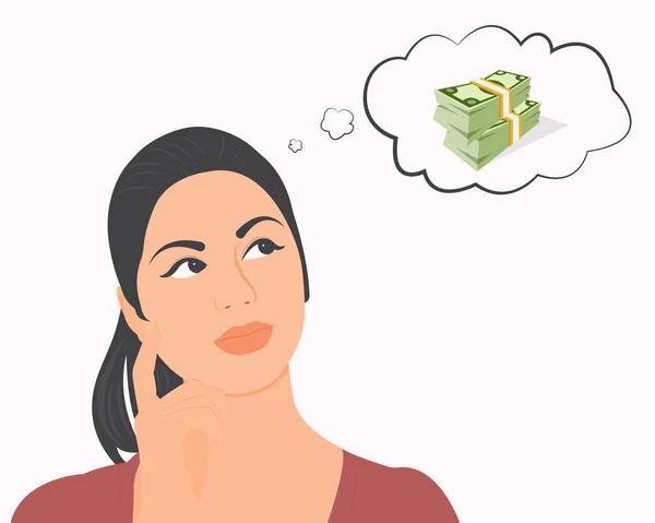 Bela Mulher Pensando Dinheiro Sobre Sua Renda Planejamento Financeiro Resolver —  Vetores de Stock