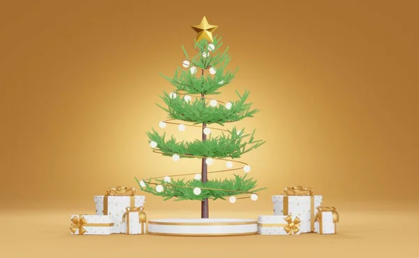 Navidad Amarillo Escena Fondo Con Cajas Regalo Árbol Navidad Adornos —  Fotos de Stock