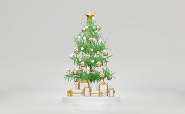 Natale Sfondo Scena Bianca Con Scatole Regalo Albero Natale Ornamenti — Foto Stock