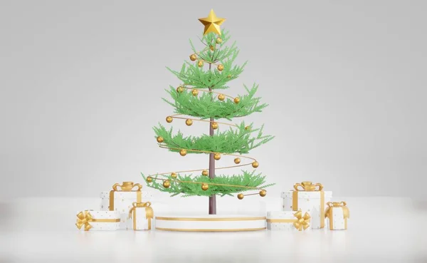 Kerst Witte Scène Achtergrond Met Geschenkdozen Kerstboom Kerst Ornamenten Witte — Stockfoto