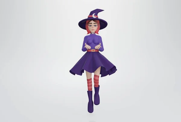 3d render. Scary woman in purple halloween costume of witch , Witch conjuring