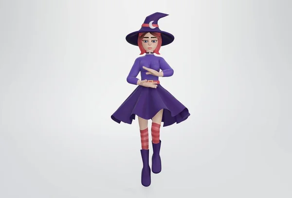 Vykreslení Děsivá Žena Purpurovém Halloweenském Kostýmu Čarodějnice Kouzelnice — Stock fotografie