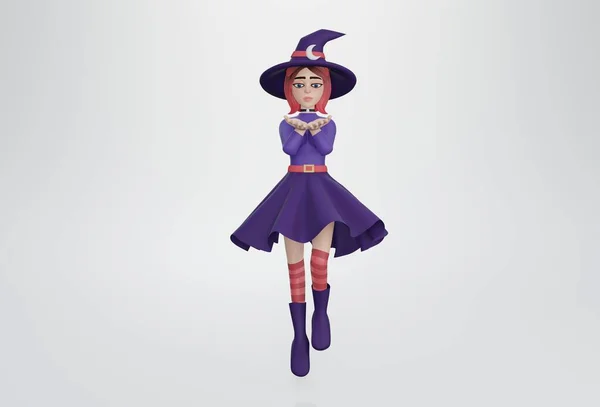 Render Scary Woman Purple Halloween Costume Witch Witch Conjuring — Stock Photo, Image