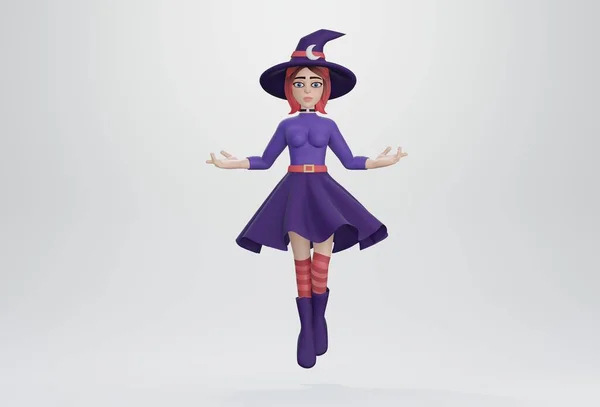 Vykreslení Děsivá Žena Purpurovém Halloweenském Kostýmu Čarodějnice Kouzelnice — Stock fotografie