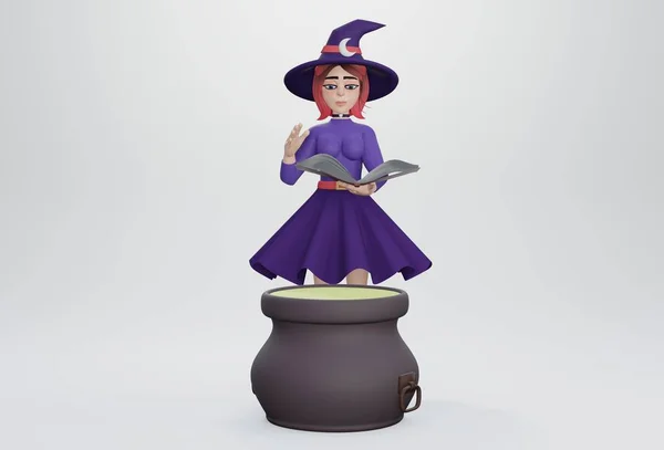 3d render. Young girl wizard woman holding spell book