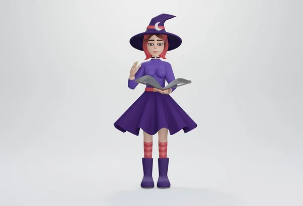 Render Счастливого Хэллоуина Милая Веселая Маленькая Ведьма Книгой Заклинаний — стоковое фото