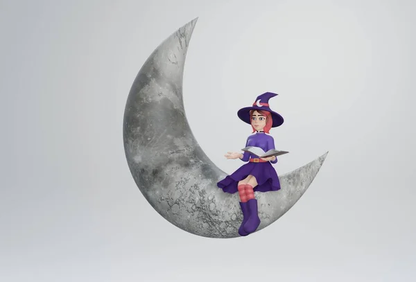 Мультяшная Ведьма Сидит Луне Рендеринг — стоковое фото