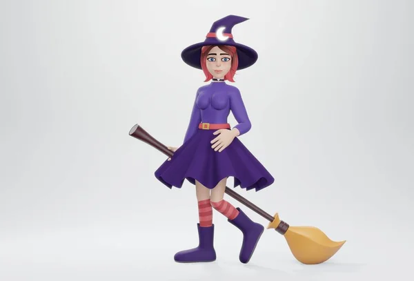 Render Cute Little Witch Broomstick — Stock Photo, Image