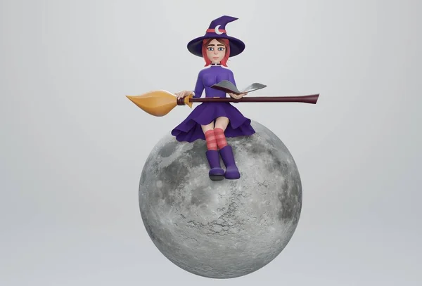 Render Ведьма Сидящая Луне Ведьма Книгой Заклинаний — стоковое фото